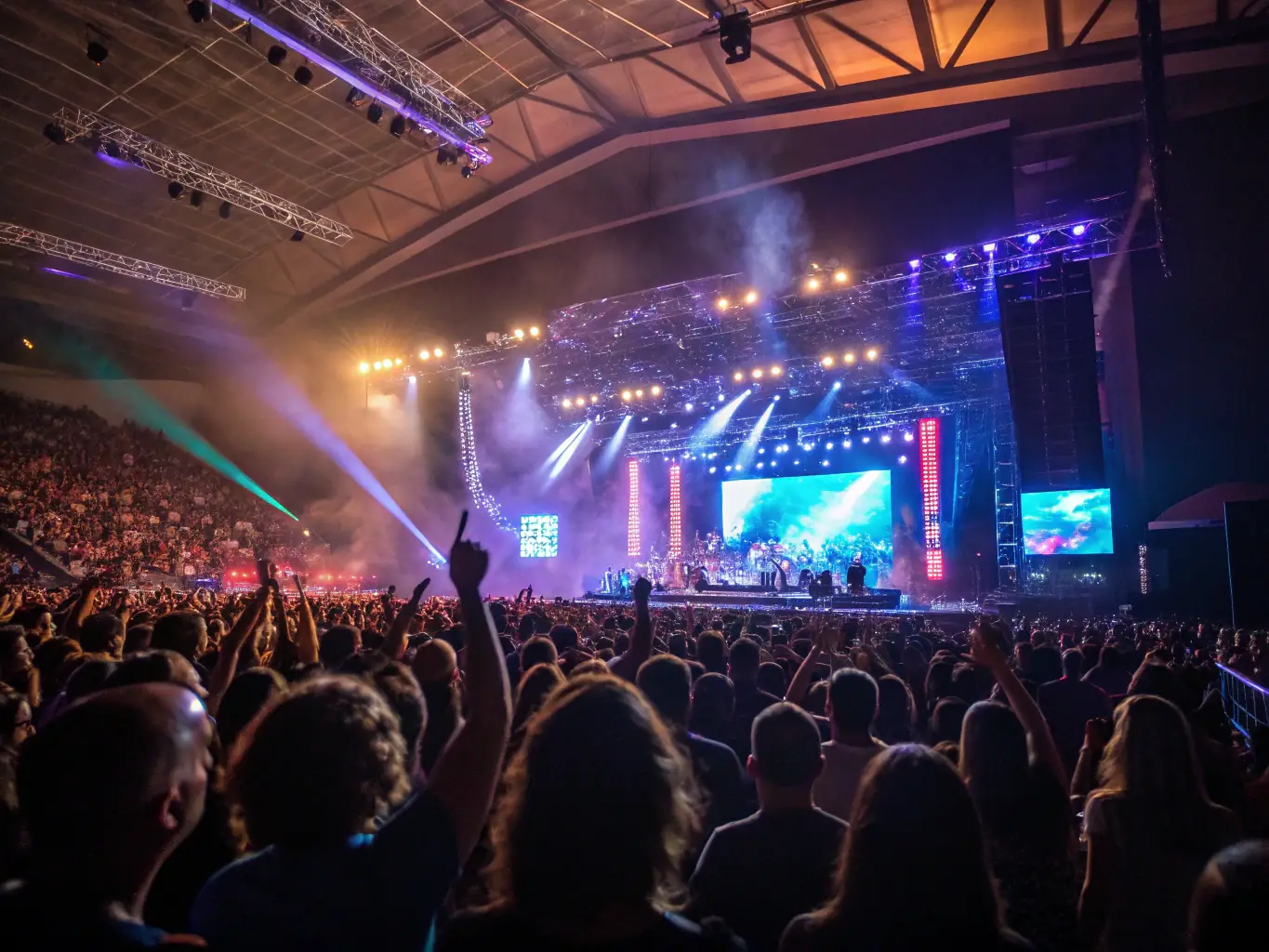 A vibrant photograph capturing the energy of a live event, with attendees interacting and a stage featuring dynamic lighting and visuals, showcasing Nalora Productions LLC's event coverage capabilities.