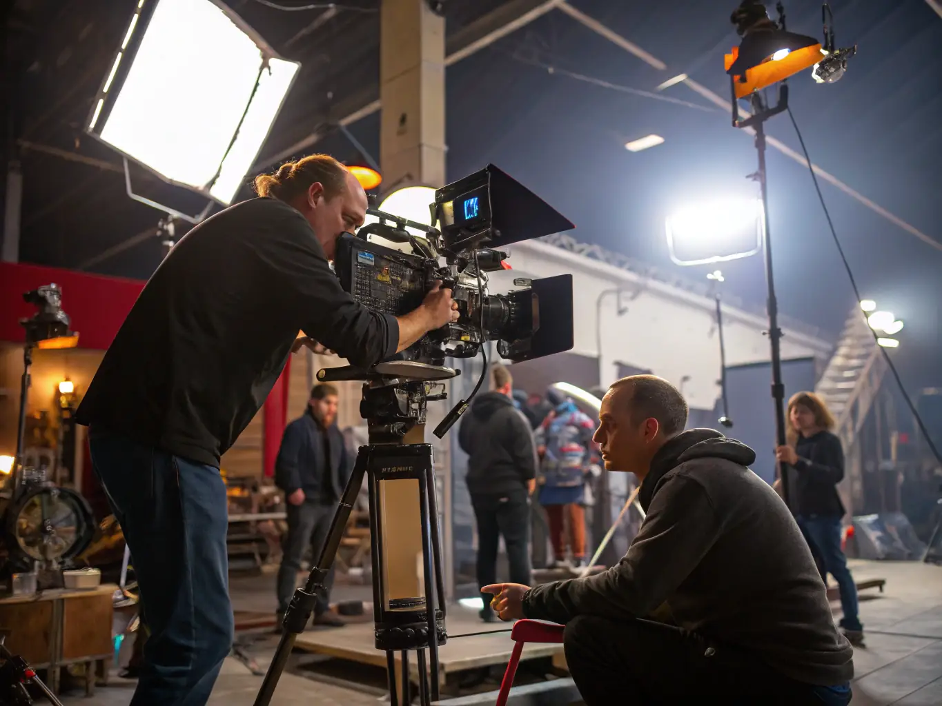 A behind-the-scenes shot of a commercial video production, featuring professional equipment, a diverse crew, and a focus on creative direction, illustrating Nalora Productions LLC's video production expertise.