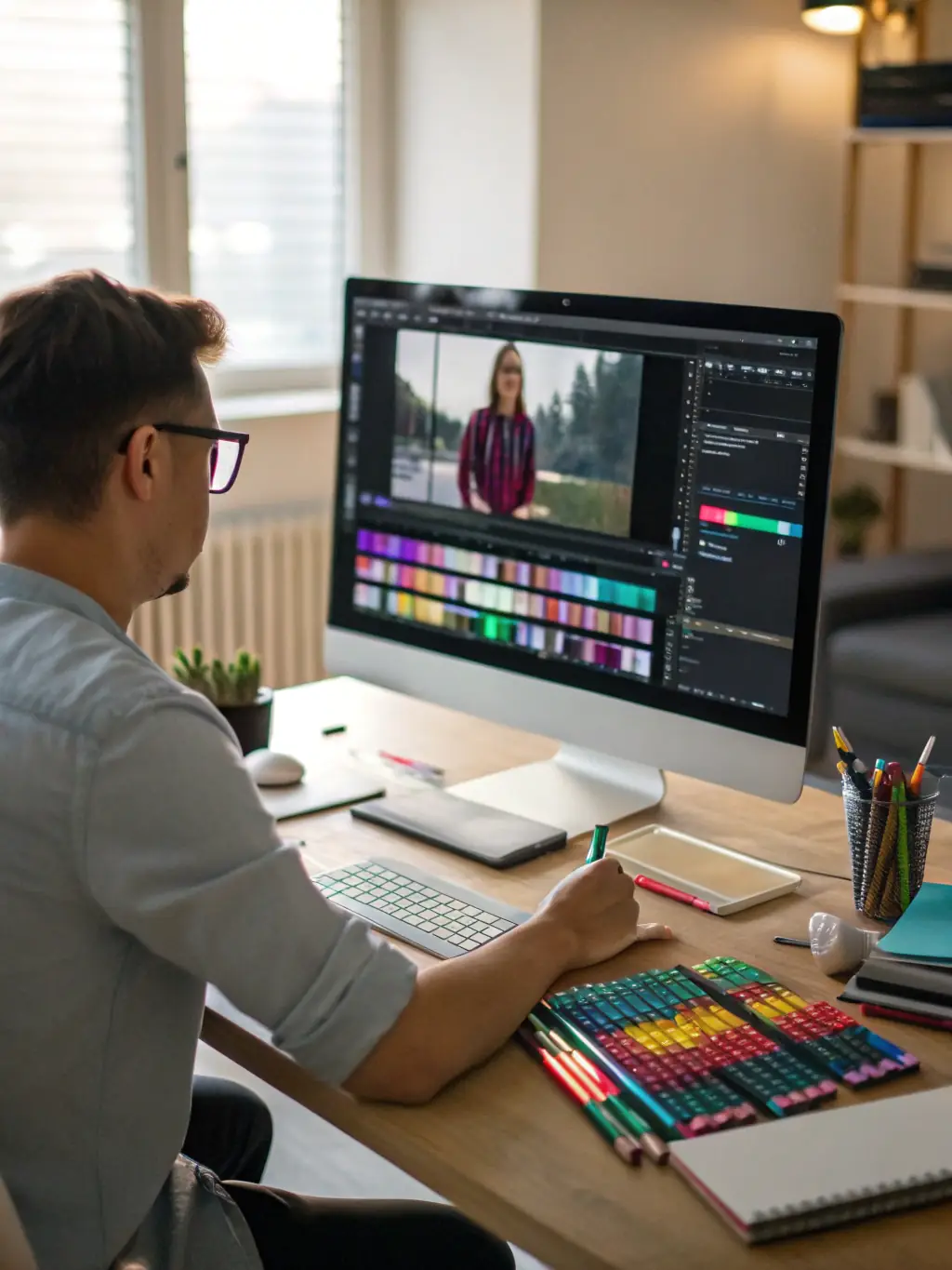 An editor working on a video project, using professional software to enhance the storytelling and engagement of the content.