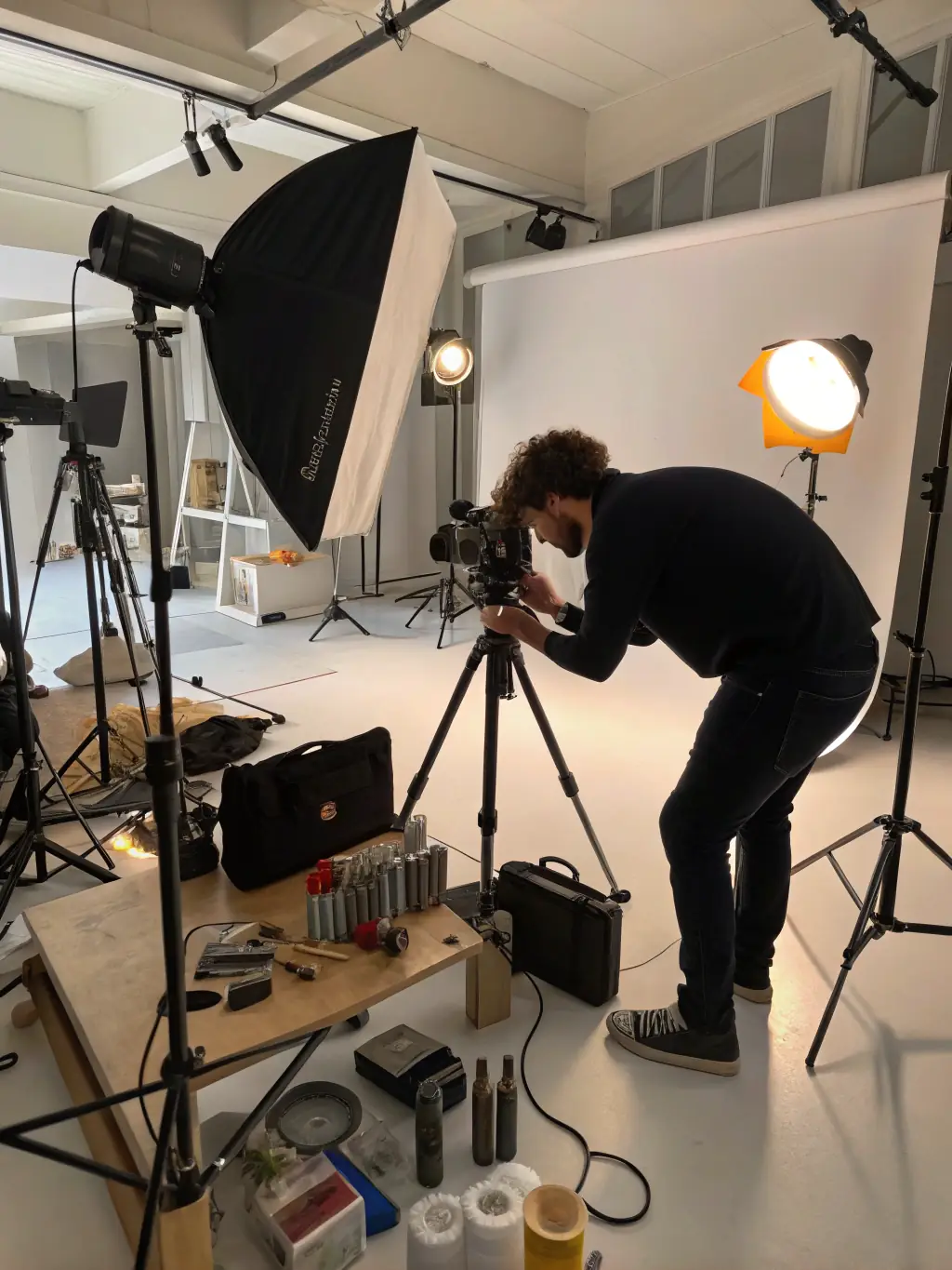 A photographer capturing a commercial shot with professional lighting and equipment, highlighting the attention to detail and quality.