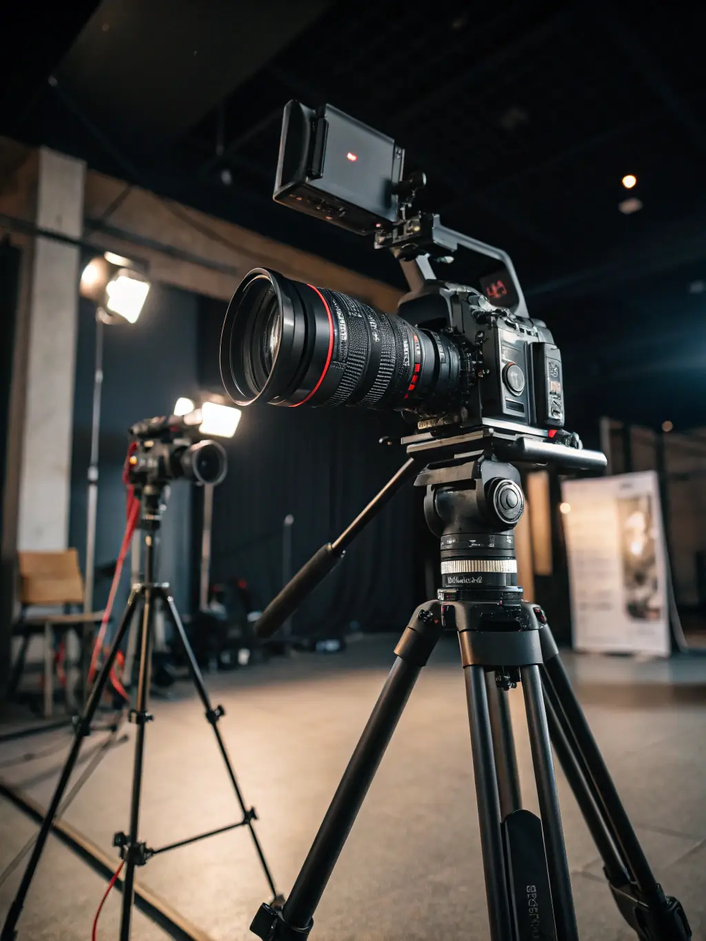 A professional video camera filming a scene on a set, showcasing the high-quality equipment and expertise in video production.